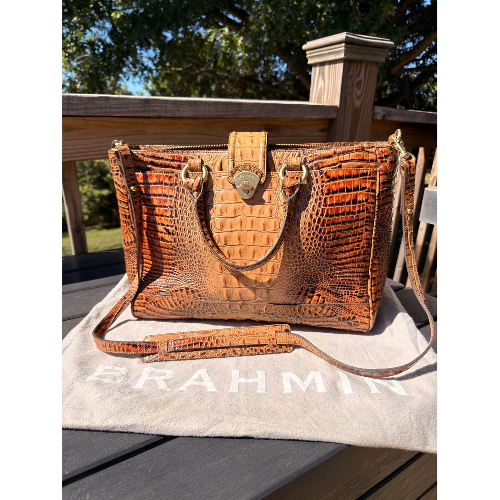 Brahmin Pecan Melbourne Croc Embossed Leather Satchel Handbag with Dust Bag